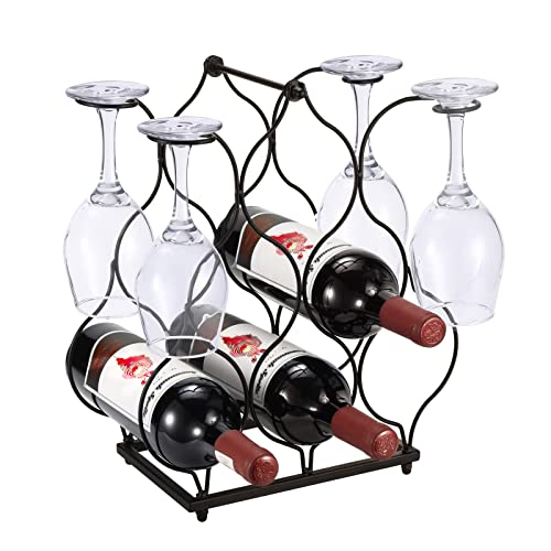 Urban Deco Small Wine Rack for 6 Wine Bottles with 4 Glasses Holder – Easy to Assemble Modern Metal Wire Wine Storage for Countertop Table Top Cabinet Kitchen Black