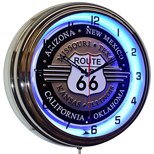 US Route 66 Historic Highway Neon Wall Clock Home Decor (16inch, Blue) (1500BL)