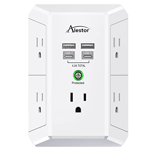 USB-C Multi Plug Outlet Extender - ALESTOR 3 Sided Surge Protector Power Strip