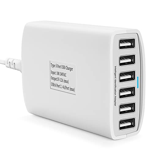ATLZXL 6-Port 60W USB Wall Charger for Apple, Samsung, and More