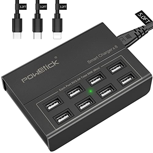 Powstick 8-Port USB Charging Station with 3 Cables - 60W/12A - 5ft Cord