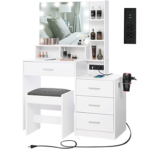 USIKEY Large Vanity Table Set with Lighted Mirror & Charging Station