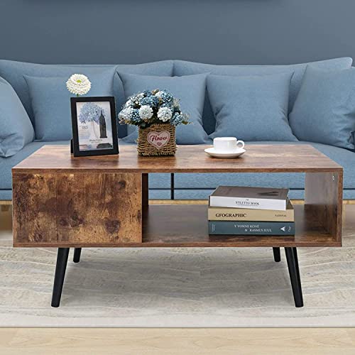 Rustic Brown Mid-Century Wooden Coffee Table with Storage Shelf