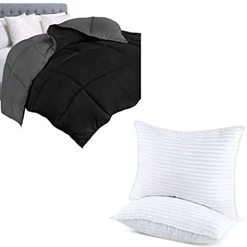 Utopia Bedding 1 Comforter Duvet Insert Black/Grey with 2 Pack Bed Pillows White (Queen)