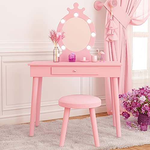 Vabches Kids Princess Vanity Set with Mirror, Lights & Stool in Pink