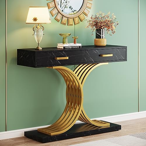 Vagaconl Modern Black Gold Console Table with Drawers and Faux Marble Tabletop