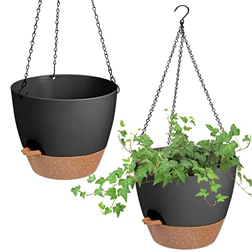 Vanslogreen 10 Inch Hanging Planter, 2 Pack Plant Hanger Indoor Outdoor, Self Watering Plant Pot Hanging Baskets Holder Plants with Drainage Holes & Removable Tray for Garden Home (Black)
