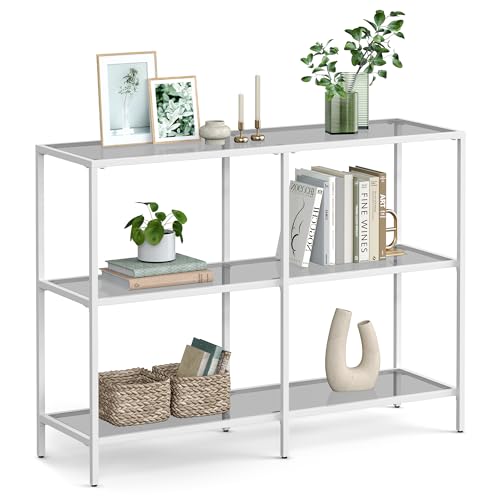 Modern Console Table with 3 Shelves, Pearl White and Slate Gray