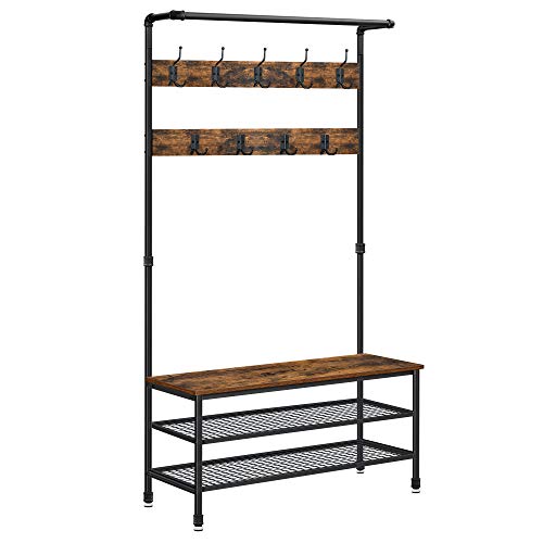VASAGLE 3-Tier Shoe Rack Bench 39.4” Long 12 Pair of Shoes Shelves Storage  Bench with Metal Mesh Shelves and Seat for Entryway Rustic Brown and Black  