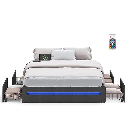 VASAGLE LED Bed Frame with Storage and Charging Station