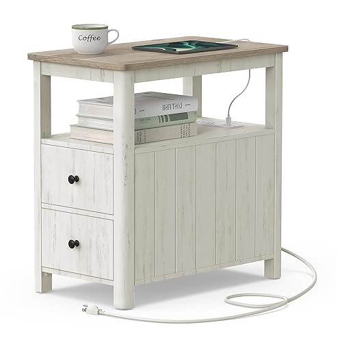 Vintage White Coastal Narrow Nightstand with Charging Station and Storage