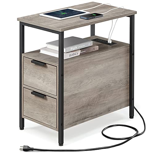 VASAGLE Slim End Table with Charging Station and Storage, Greige and Black