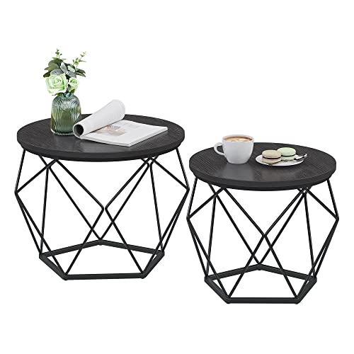 VASAGLE Round Coffee Table Set: Steel Frame, Black