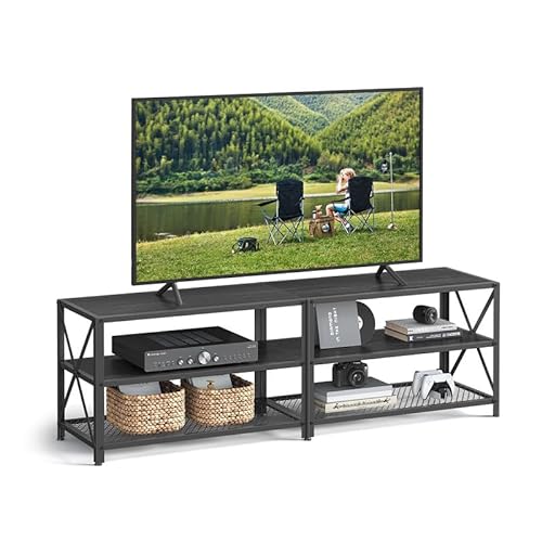 VASAGLE 63'' TV Stand with Storage Shelves, Black/Wood Grain
