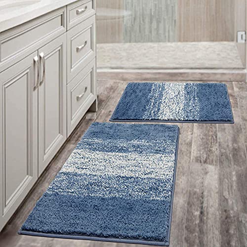 Vaukki Luxury Soft Bathroom Rugs Set of 2, Non Slip Washable Plush Bath Floor Mats, Microfiber Shaggy Absorbent Striped Bath Carpet for Tub, Bathroom and Shower (18''x26''+20''x32'', Blue)