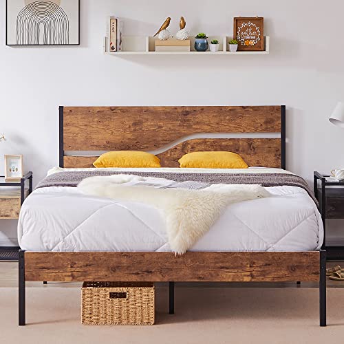 VECELO Rustic Wood Full Size Platform Bed Frame with Metal Slats