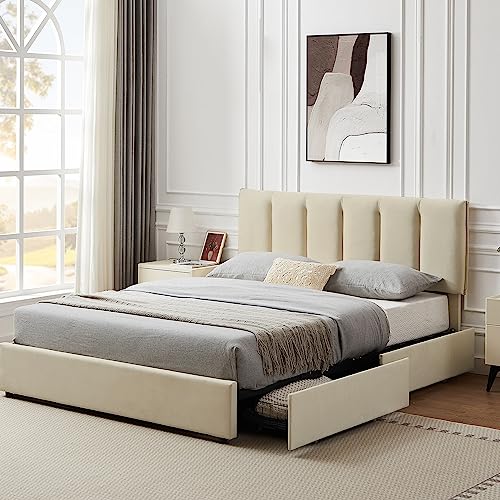 VECELO Full Upholstered Bed Frame with Storage Drawers