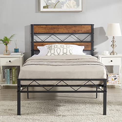 VECELO Rustic Vintage Twin Size Bed Frame with Metal Slats