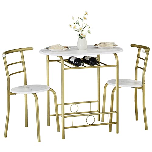 VECELO Small Round Dining Table Set with Wine Storage Rack