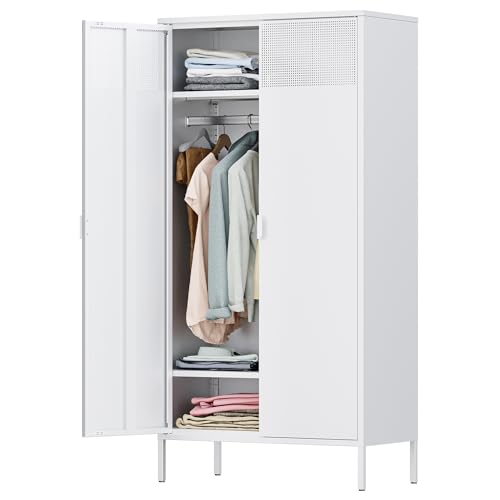 Versatile White Metal Wardrobe Cabinet for Home, Office, and Garage