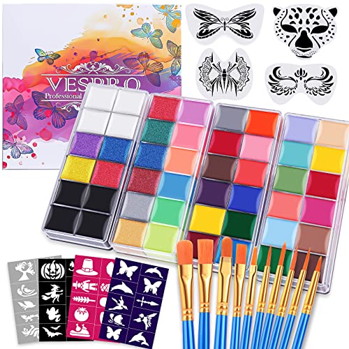 VESPRO 42-Color Professional Face & Body Paint Kit with Brushes and Stencils