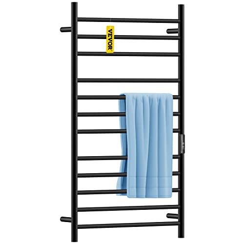 12-Bar Wall Mounted Heated Towel Rack in Matte Black Stainless Steel