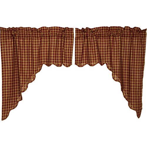 Burgundy Check Scalloped Swag Set - 2 36x36x16 Country Curtains by VHC