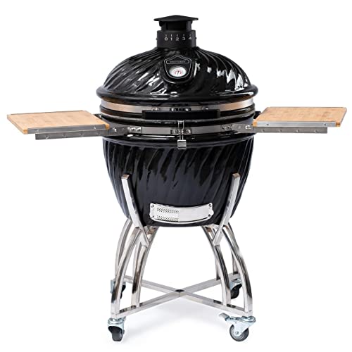 BBQGUYS 21-Inch Kamado Grill & Smoker with Stainless Steel Cart & Bamboo Shelves