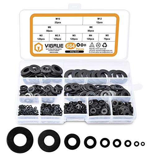 684-Piece Assorted Flat Washer Set in 9 Sizes - Black Zinc Plated Steel Hardware