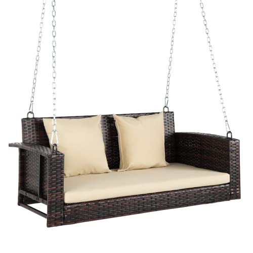 800lb Rattan Porch Swing with Cushions & Adjustable Chains