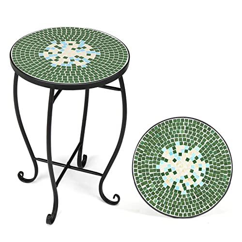 VINGLI Mosaic Print Accent Table, 14" Round Side Table,End Table, Plant Stand Decor for Patio Porch Balcony Back Deck Pool Indoor Outdoor Coffee, Metal Cobalt Glass Top Black Iron(Green Garden)