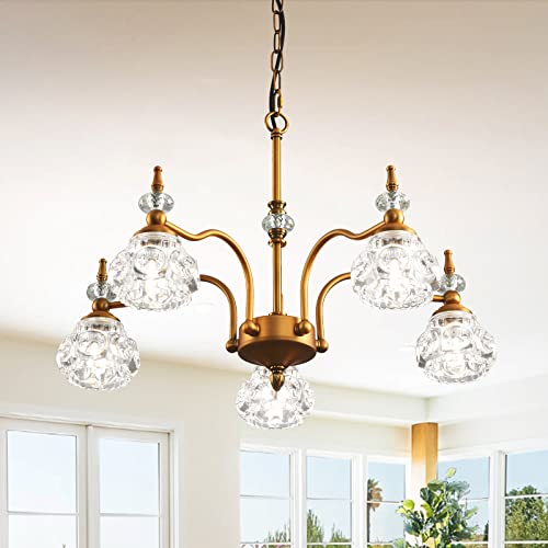 Vintage 5-Light Gold Glass Pendant Chandelier