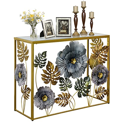 Vintage Art Console Table with Metal Flower Decor