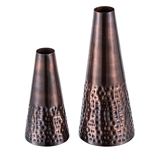Vintage Copper Tone Metal Tapered Flower Vases with Hammered Pattern