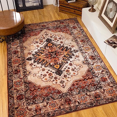 Vintage Large Floral Thin Rug - Stain Resistant Indoor Floor Carpet