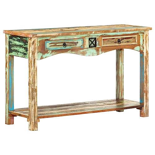 Vintage Reclaimed Wood Console Table with Drawers and Shelf