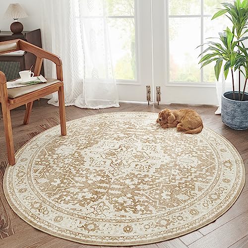 Vintage Round Rug 5ft with Non-Slip Backing in Vintage Taupe
