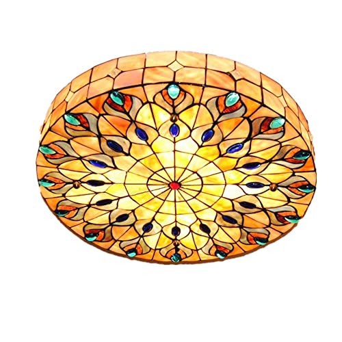 Vintage Tiffany Ceiling Light Hand-Made Colorful Chandelier Flush Mount Lighting Fixture, Lampshade with Colorful Design Decor (20 Inch)