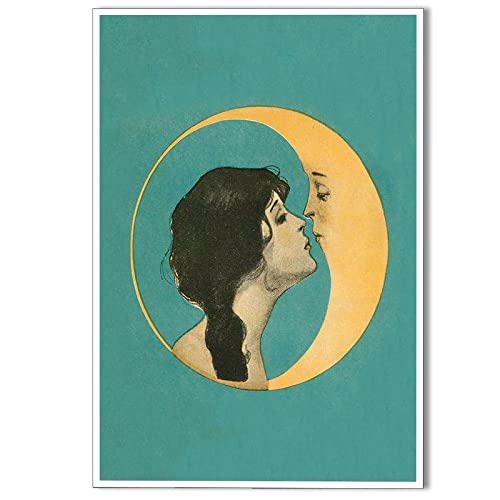 Vintage Woman Kissing Moon Canvas Wall Art