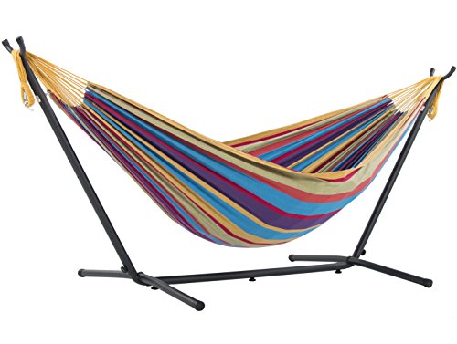 Vivere Double Cotton Hammock with Space Saving Stand, Tropical - 450 lb Capacity