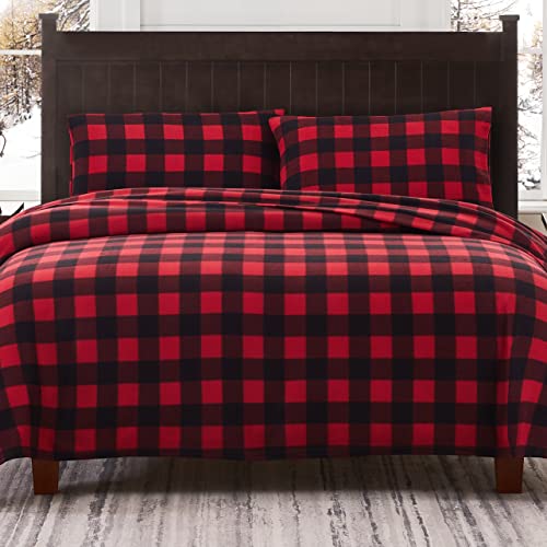 Viviland Plush Micro Fleece Bed Sheet Set - Red and Black Holiday Queen