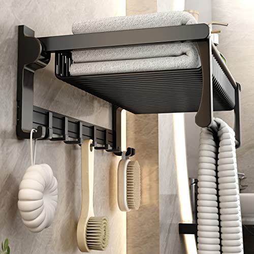 VOLPONE Bathroom Towel Rack with Foldable Shelf and Movable Hooks