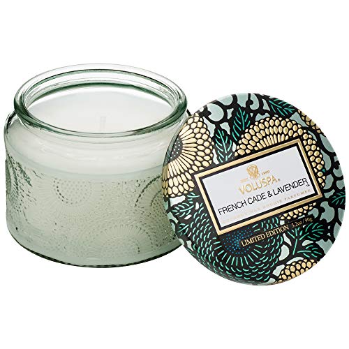 Voluspa French Cade Lavender Candle | Petite Embossed Glass Jar | 3.2 Oz.