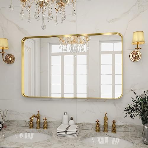 VooBang Bathroom Mirror 30x48 inch, Gold Deep Frame Mirror for Wall, Modern Round Corner Wall Mirror for Bedroom, Living Room, Horizontal or Vertical