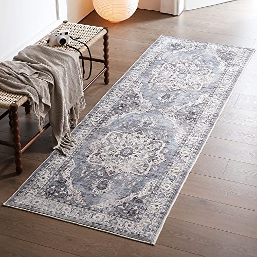 Boho Persian Grey Runner Rug 2'6''x8' - Non-Skid, Washable, Low Pile