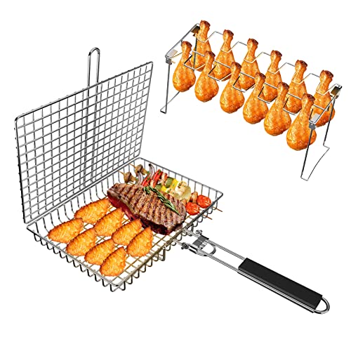 VOXPOA Grill Accessories: Portable Stainless Steel Grill Basket and Rack