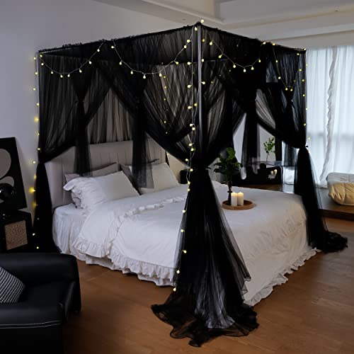 Black Canopy Bed Curtains for Girls & Adults - Full/Queen Size