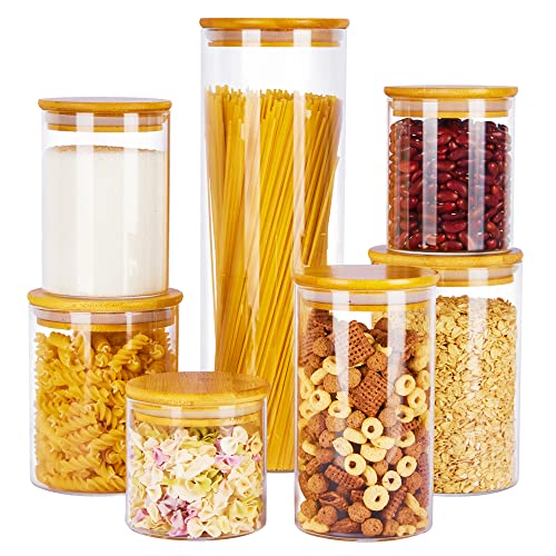 Vtopmart Glass Food Storage Jars, 7 Pack Food Containers with Airtight Bamboo Wooden Lids for Pasta, Cookies, Nuts, Coffee Beans, Cereal, Glass Canisters for Kitchen, Pantry Organization, BPA Free