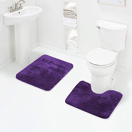 Plush Dark Purple Bathroom Rug Set - Non Slip, Absorbent, Machine Washable