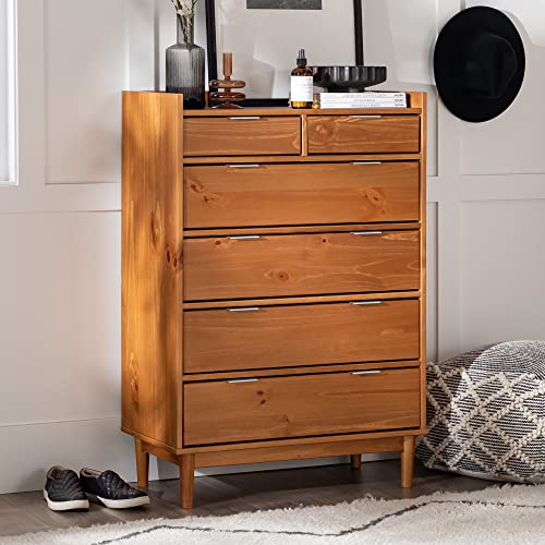 Walker Edison Blythe Mid-Century Modern Tray-Top Solid Wood 6-Drawer Dresser, 30 Inch, Caramel